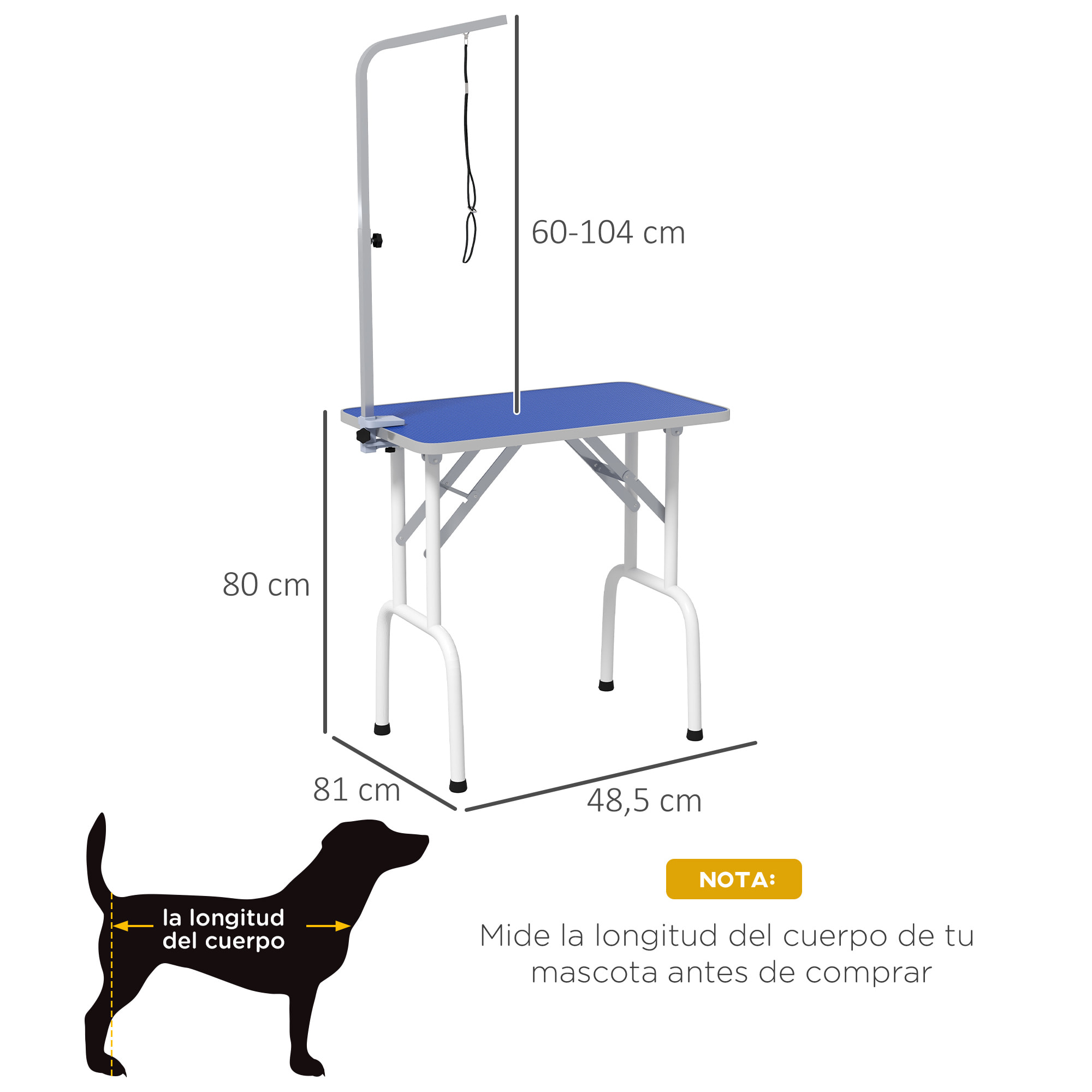 Mesa de Peluquería Canina Plegable, Mesa de Aseo con Encimera Antideslizante, Brazo de Acero Inoxidable Ajustable, para Perros, Gatos, 81x48,5x80 cm, Azul