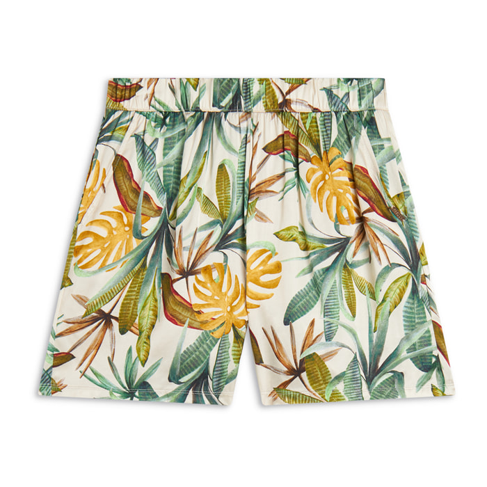 Pantaloni short donna in satin di viscosa fantasia tropical