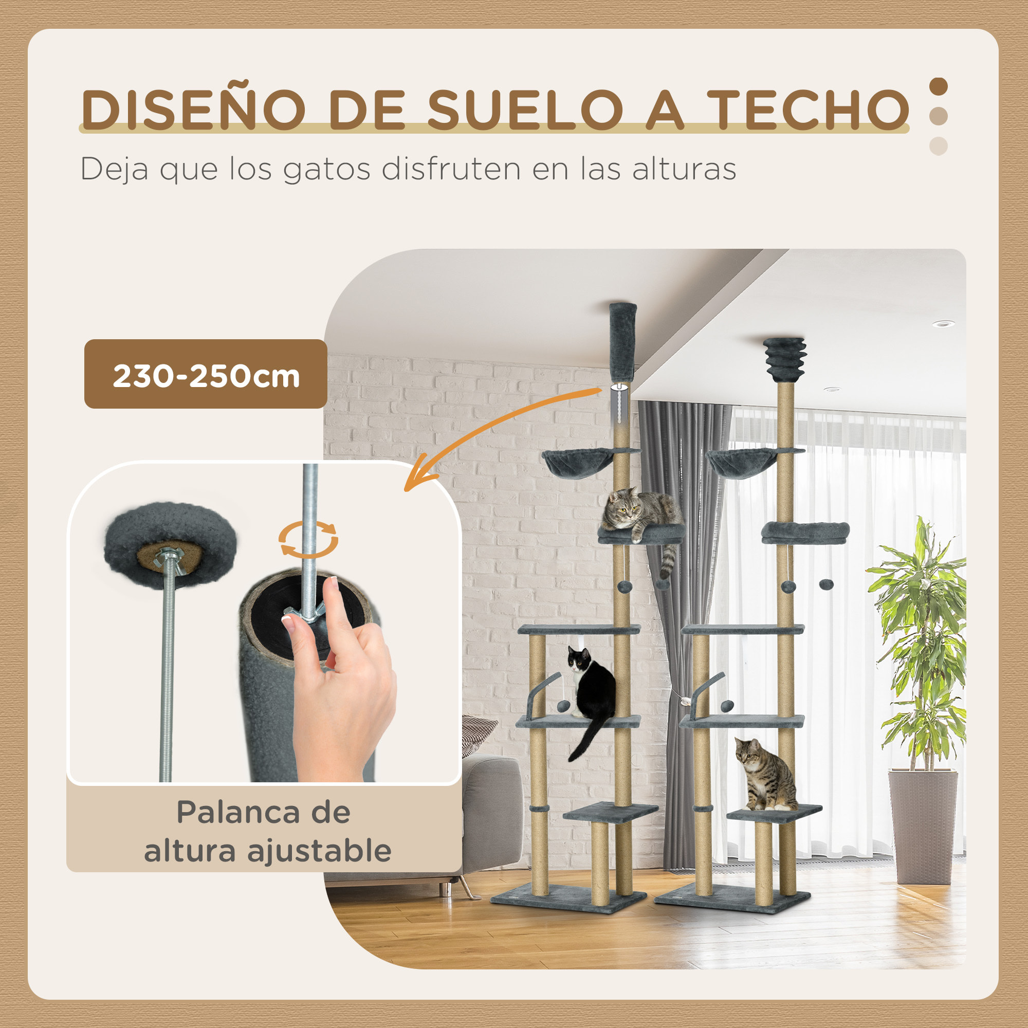 Árbol para Gatos de Suelo a Techo de 230-250 cm Árbol Rascador para Gatos con Altura Ajustable Múltiples Plataformas Cestos Hamaca Bolas Colgantes Gris