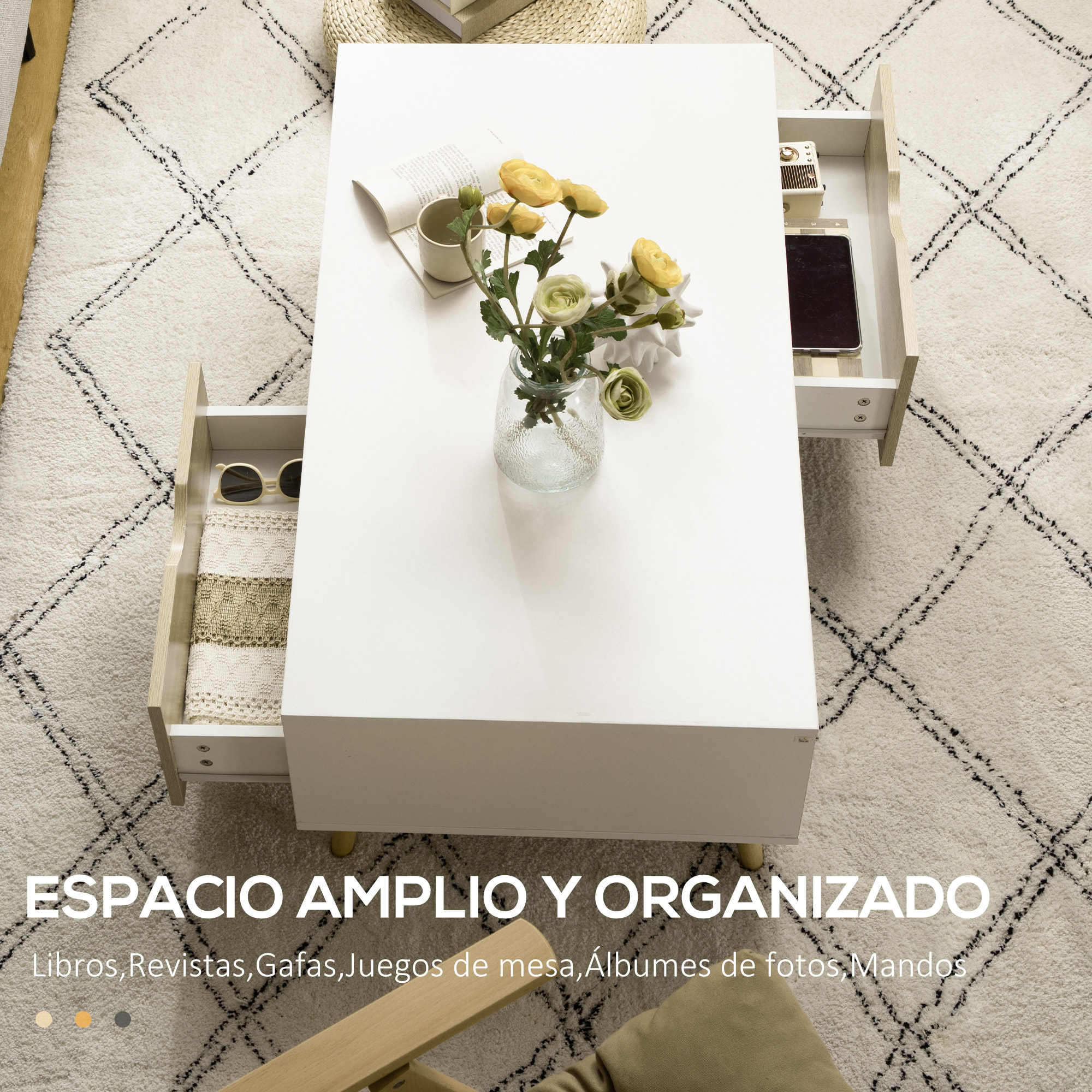 Mesa de Centro Moderna con 2 Cajones Compartimientos Abiertos 106x58x39,5 cm