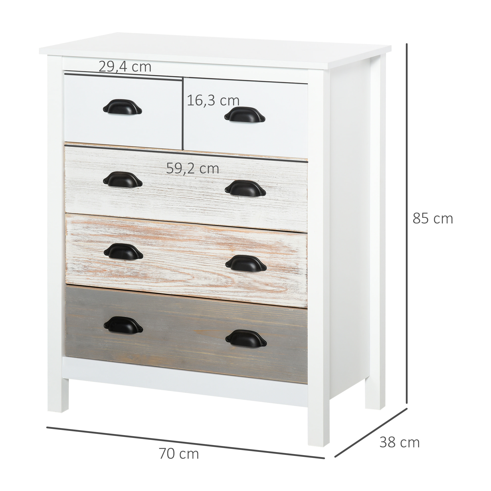 Cómoda con 5 Cajones Cómoda para Dormitorio Moderno con Diseño Anti-vuelco Cajonera para Salón Pasillo 70x38x85 cm Blanco