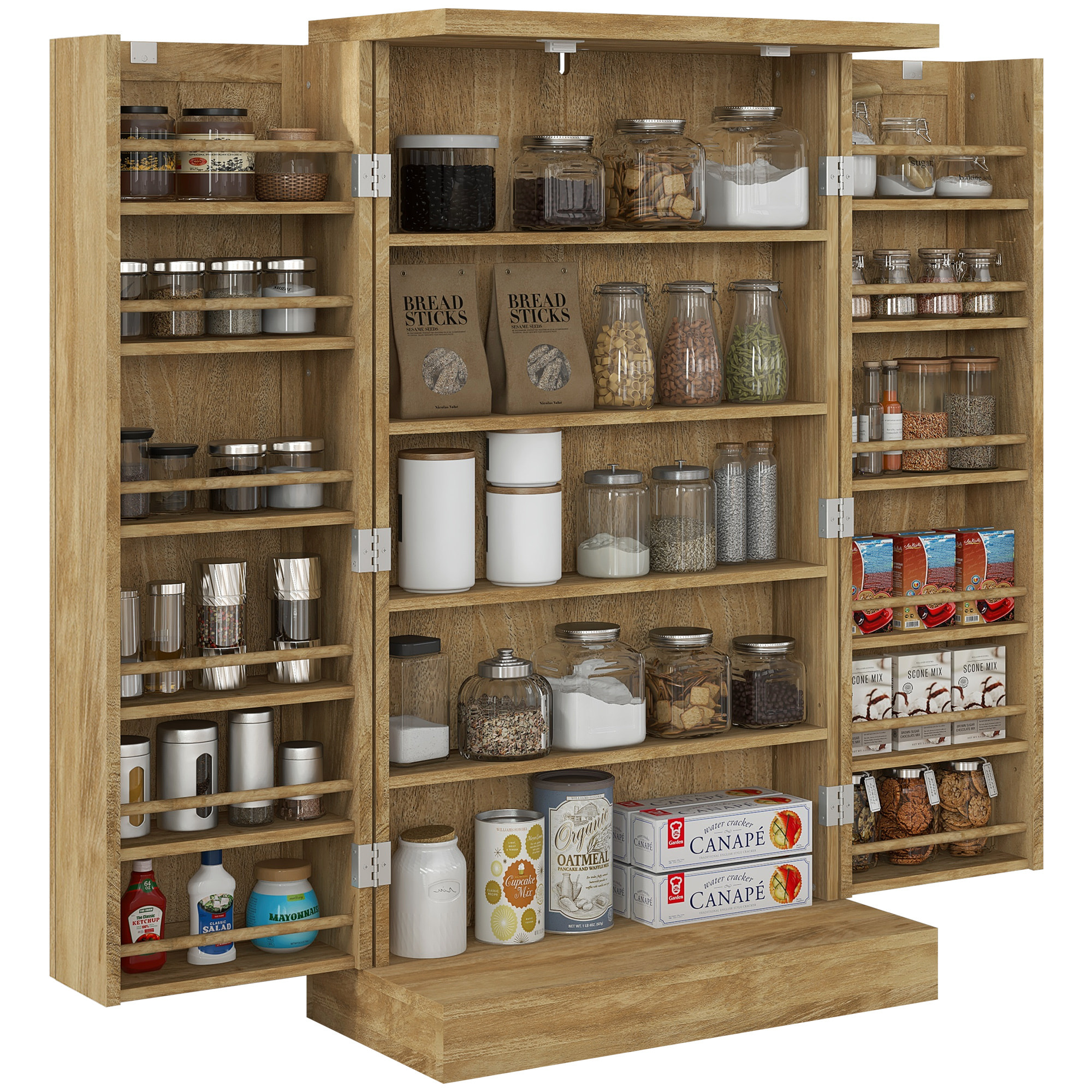 Armario de Cocina Armario Despensa Cocina con 2 Puertas de Ratán y 16 Estantes Alacena Moderna con Estantes Ajustables para Comedor Salón 60x30x104 cm Natural