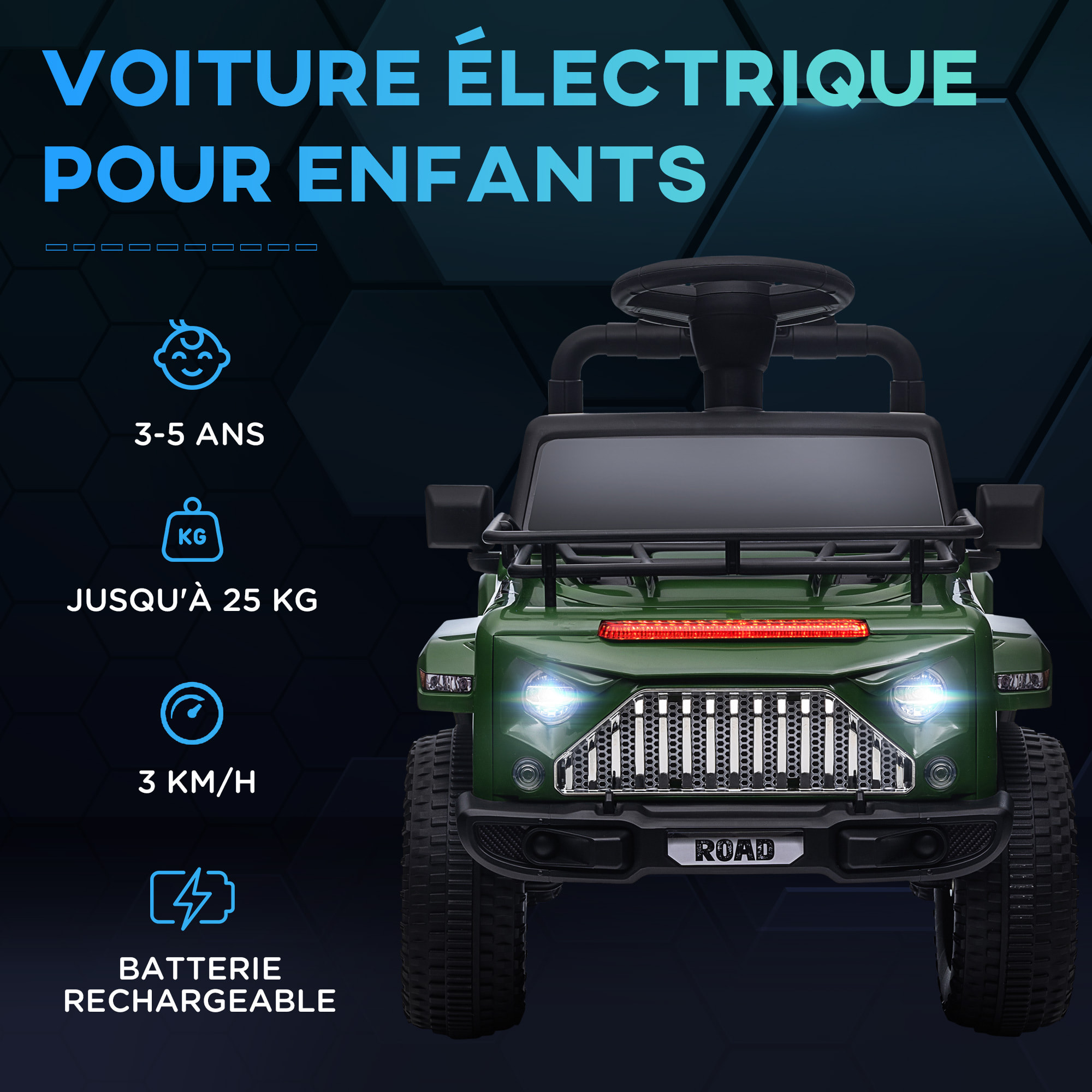 Voiture 4x4 électrique enfant 6V 25W 3 Km/h max. coffre galerie capot fonctions sonores lumineuses vert