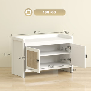 Banco Zapatero Mueble Zapatero Banco de Almacenamiento Bohemio con Puertas Frentes de Ratán Estante Extraíble para 8 Pares de Zapatos para Entrada Dormitorio 80x35x52 cm Blanco