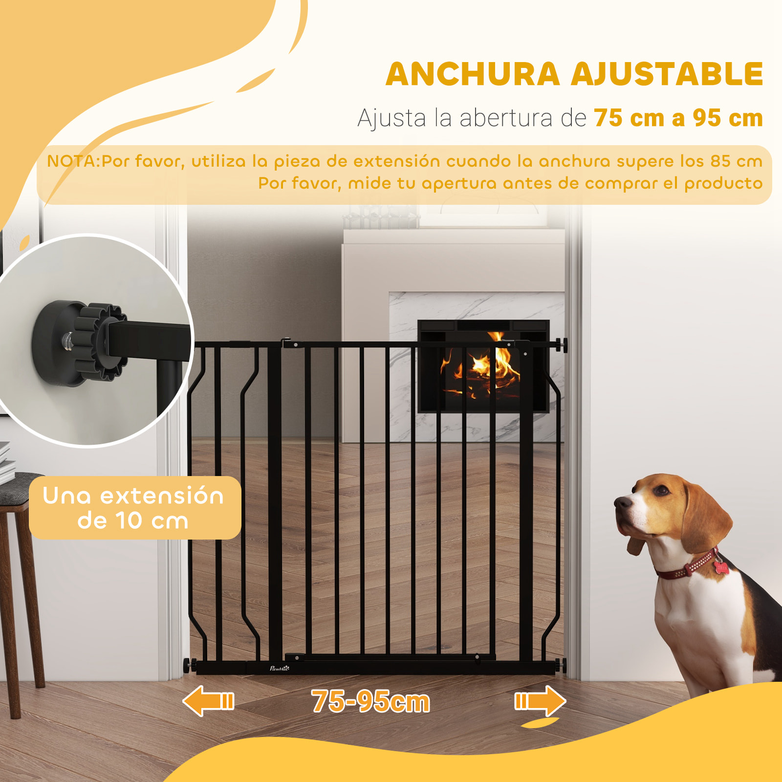 Barrera de Seguridad para Perros Extensible 75-95 cm para Puertas y Escaleras Puerta de Seguridad para Mascotas con Extensiones Montaje a Presión y Doble Bloqueo Negro