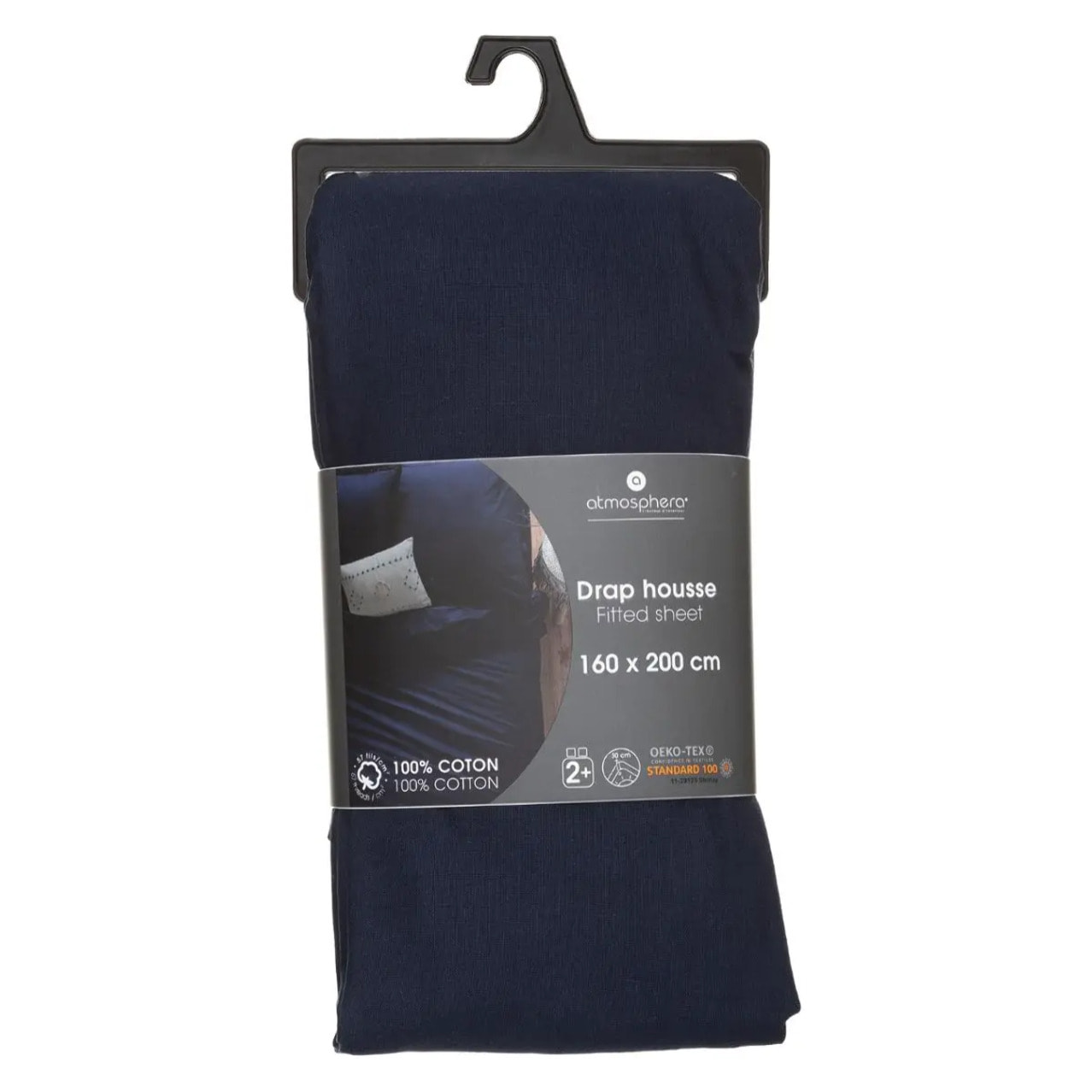 Drap-housse en coton - bleu encre - bonnet H30cm - 160x200 cm
