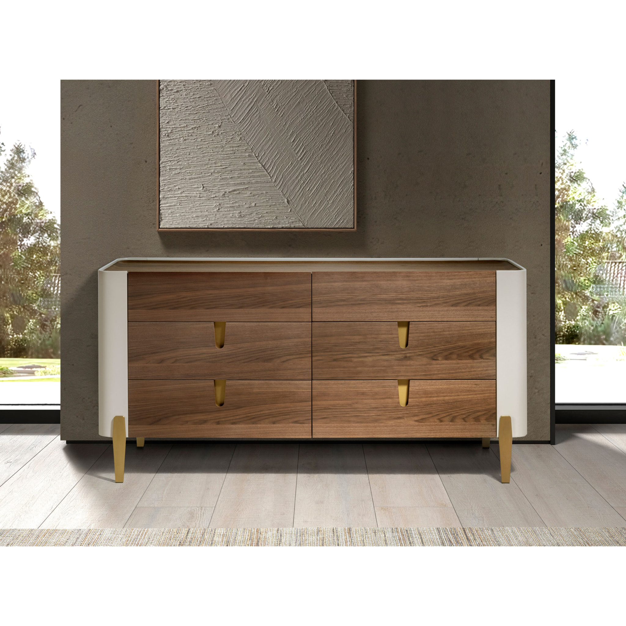 Cómoda con estructura de madera chapada en nogal natural y madera MDF lacada en beige y patas de acero inoxidable pulido en dorado 160x47x76cm