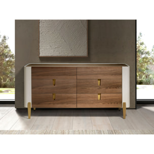 Cómoda con estructura de madera chapada en nogal natural y madera MDF lacada en beige y patas de acero inoxidable pulido en dorado 160x47x76cm