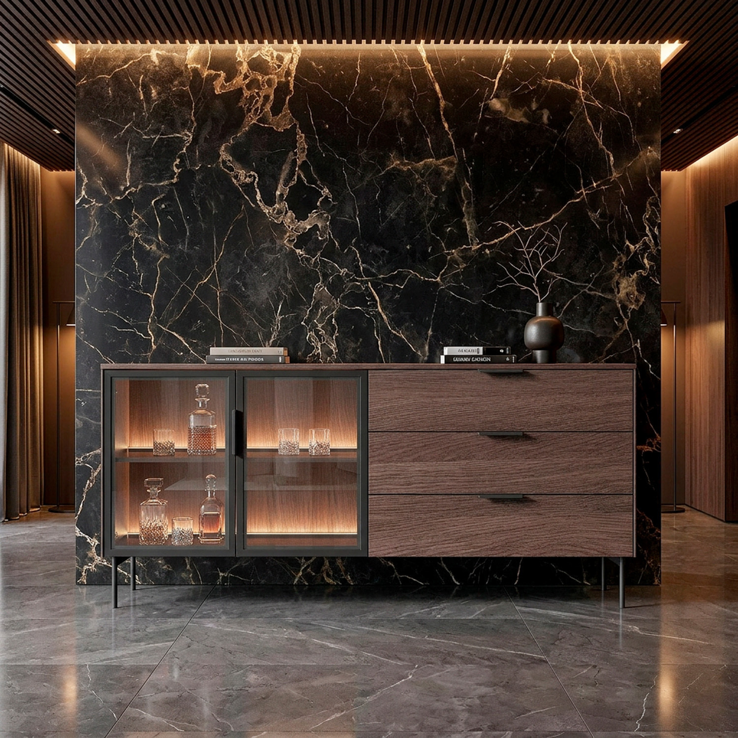 Credenza Madia Moderna 4 Ante In Vetro Illuminazione Led Interna In Melaminico Per Soggiorno Sala Da Pranzo 181.3 x 39.3 x 82.6 Cm Rovere Scuro
