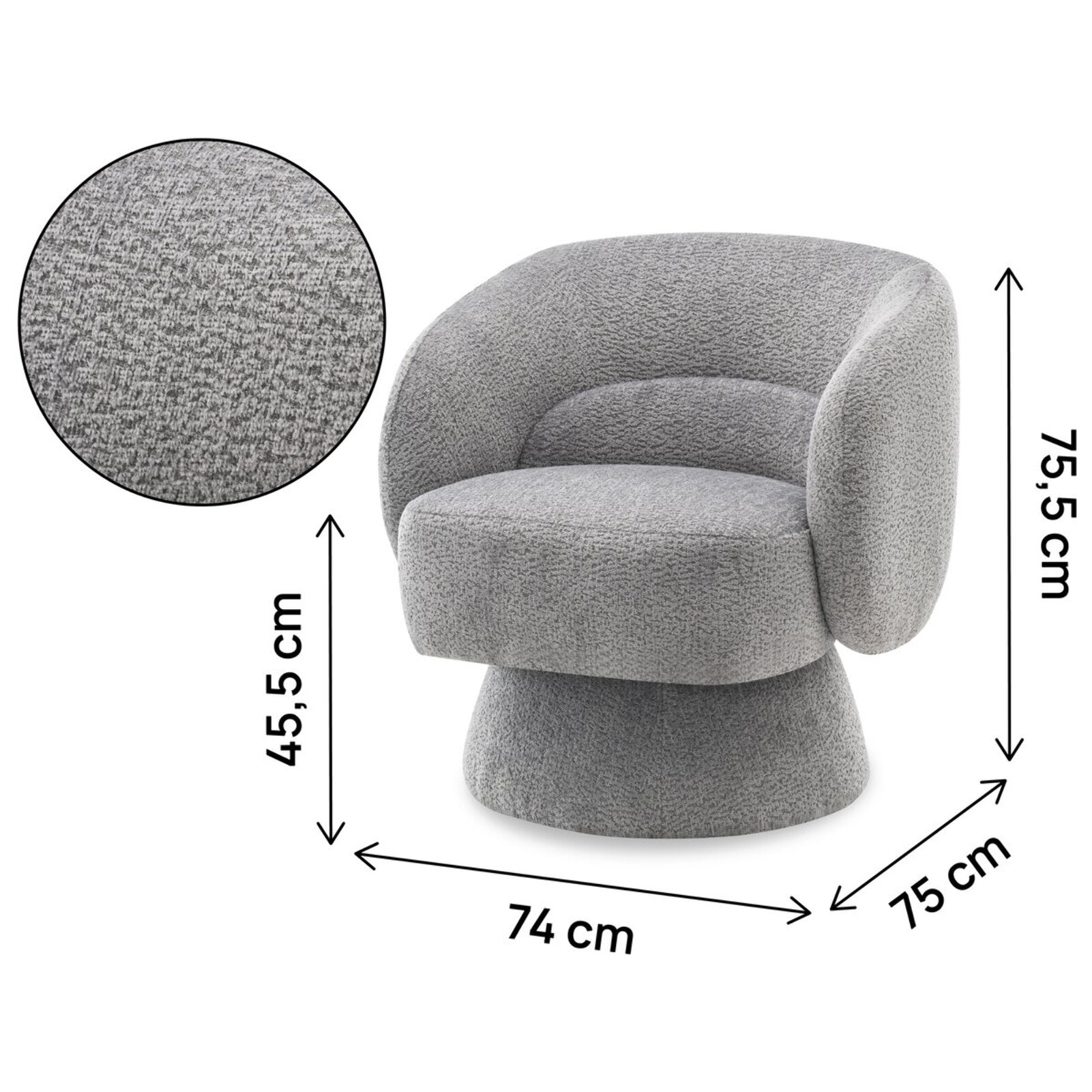 Fauteuil pivotant en tissu bouclette "Franklin" - 74 x 75 x 75 cm - Gris