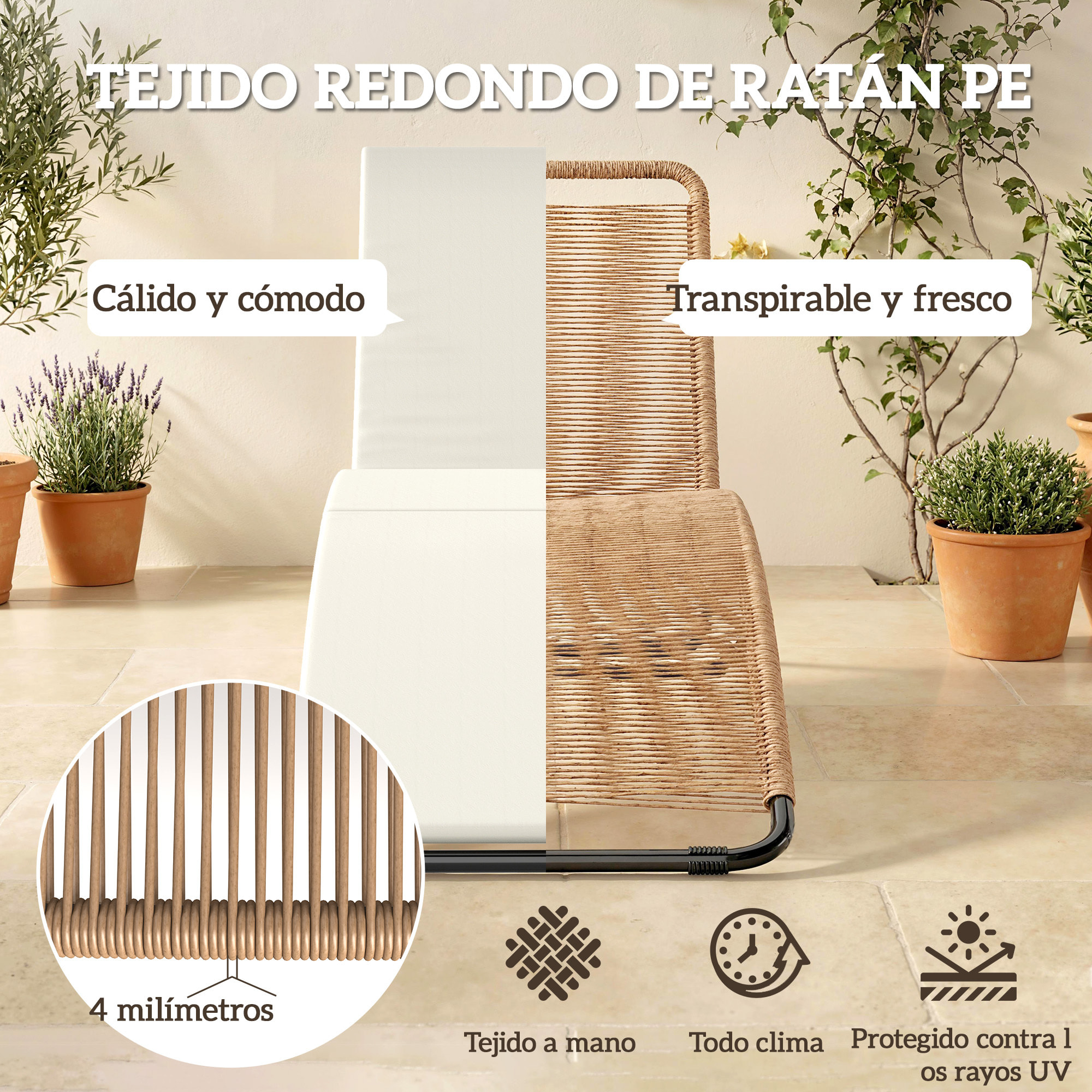 Tumbona de Ratán en Forma de S, Tumbona de Jardín Exterior con Cojín, Asiento Transpirable y Estructura de Acero, Carga 120 kg, para Patio, Playa, Terraza y Piscina, Blanco Crema