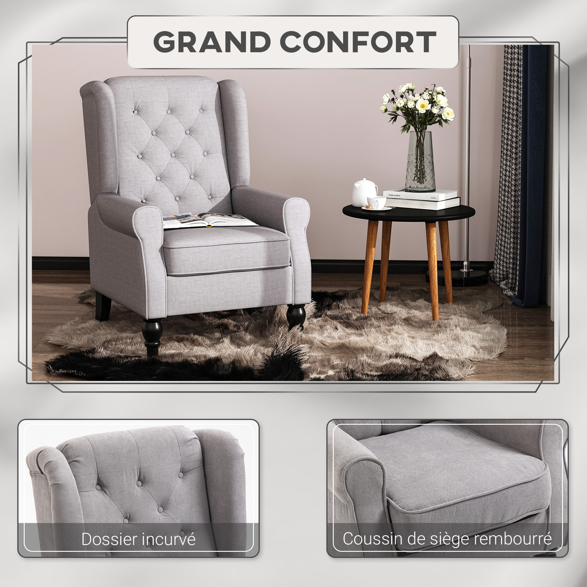 Fauteuil à oreilles style Chesterfield dossier capitonné grand confort bois noir tissu gris clair