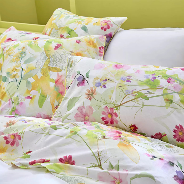 Taie d'oreiller percale de coton lavé 115 g/m² imprimé rose vert Souffle fleuri printemps