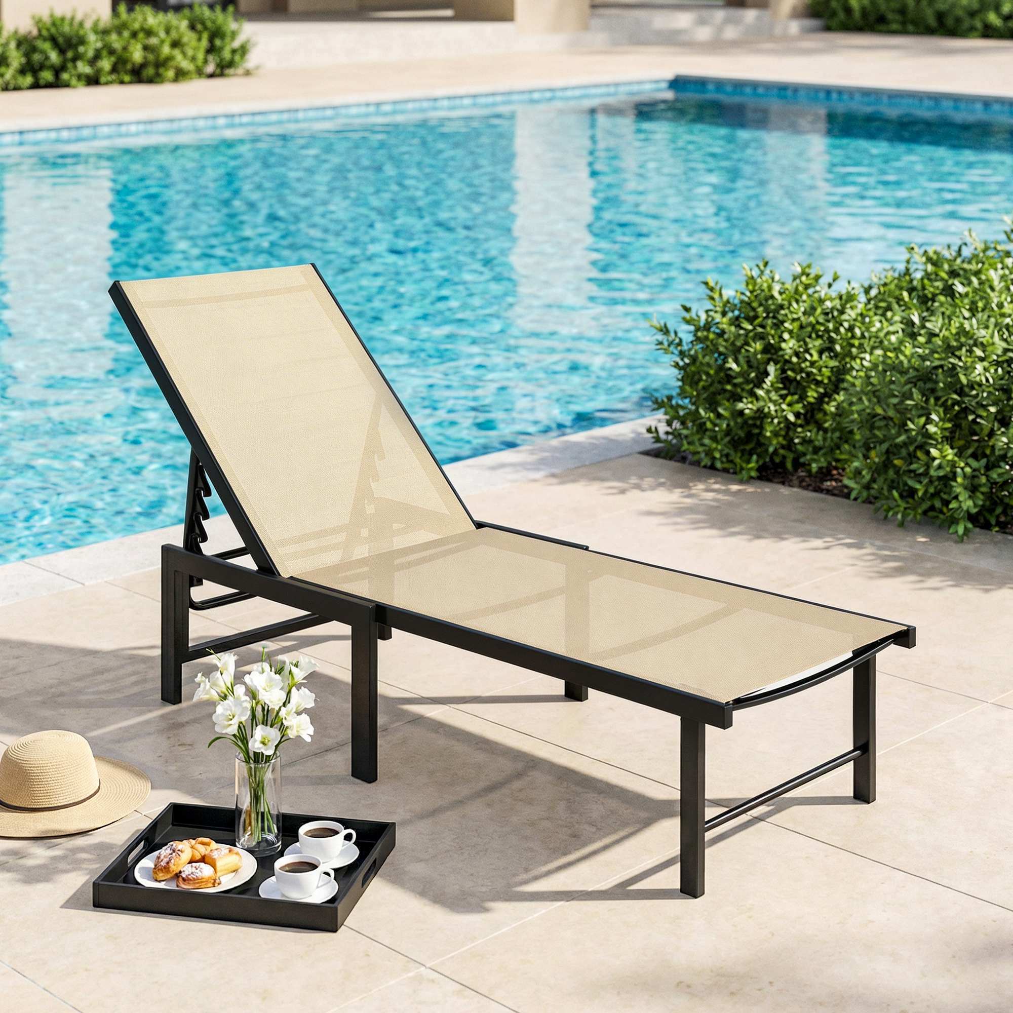 Tumbona Jardín Exterior, Tumbona Reclinable con Respaldo Ajustable en 4 Niveles y Estructura de Acero, Impermeable, Carga 120 kg, para Patio, Terraza, Balcón, 166x60x84 cm, Caqui