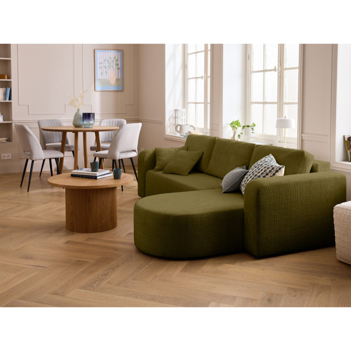 Miro - canapé d'angle réversible - 4 places - convertible avec coffre - en velours texturé - Vert Olive