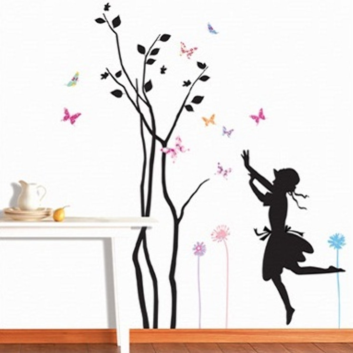 Stickers Muraux décoration adhésifs arbre petite fille et papillons