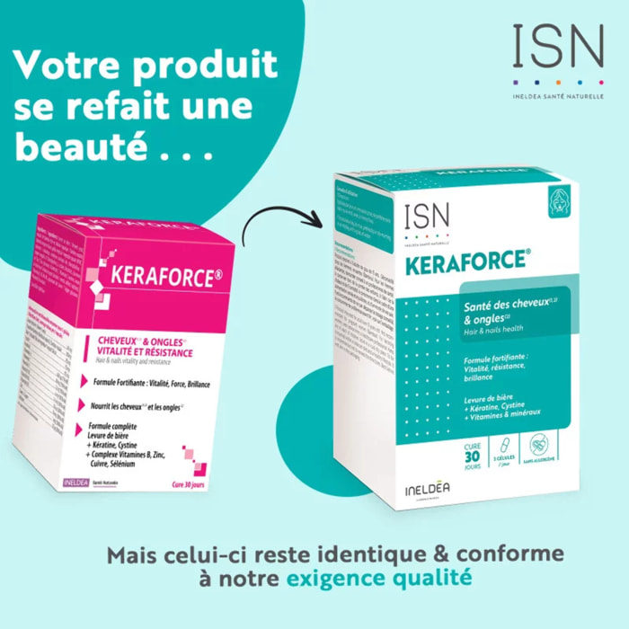 ISN - Keraforce® - Complément alimentaire à base de Kératine, Levure de bière, Vitamines - Nourrit les cheveux et les ongles - Améliore la résistance et la beauté - Cure 30 jours