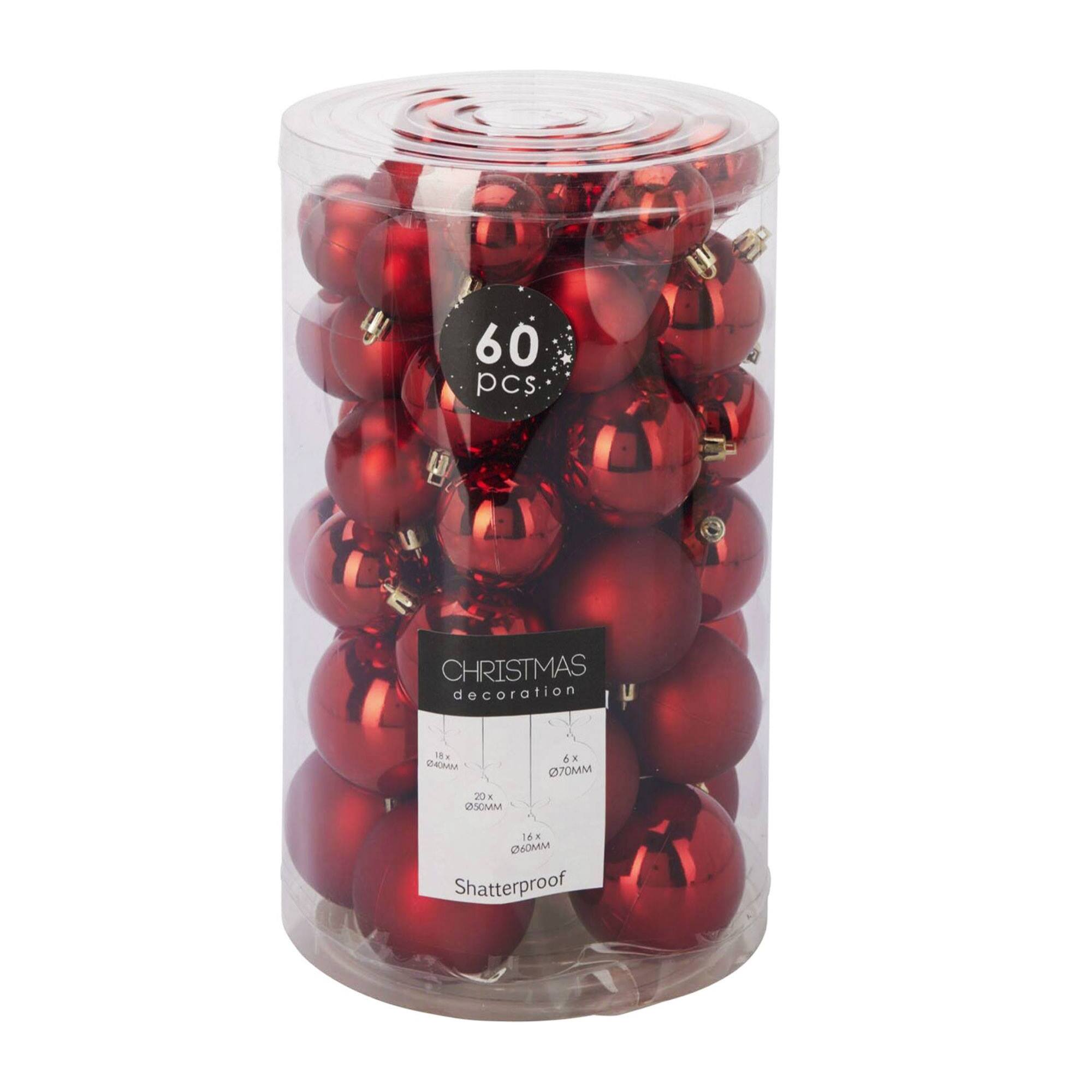 Conjunto de 60 bolas de navidad en color rojo en varios diseños y acabados