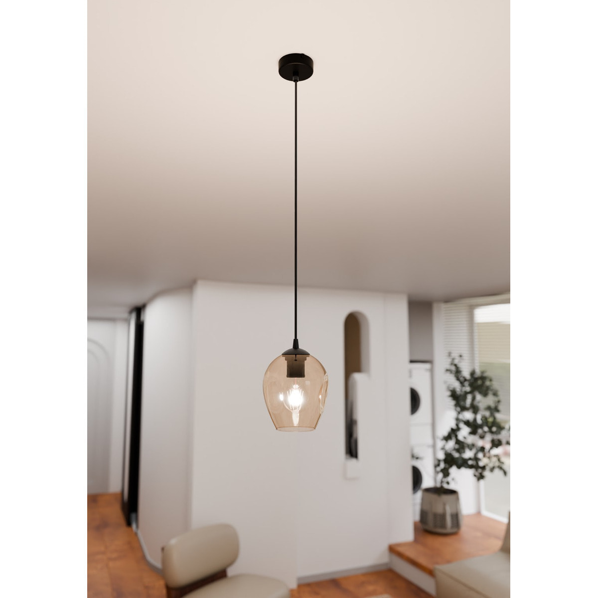 Lampada a sospensione ISTAR in acciaio nero e vetro ambra