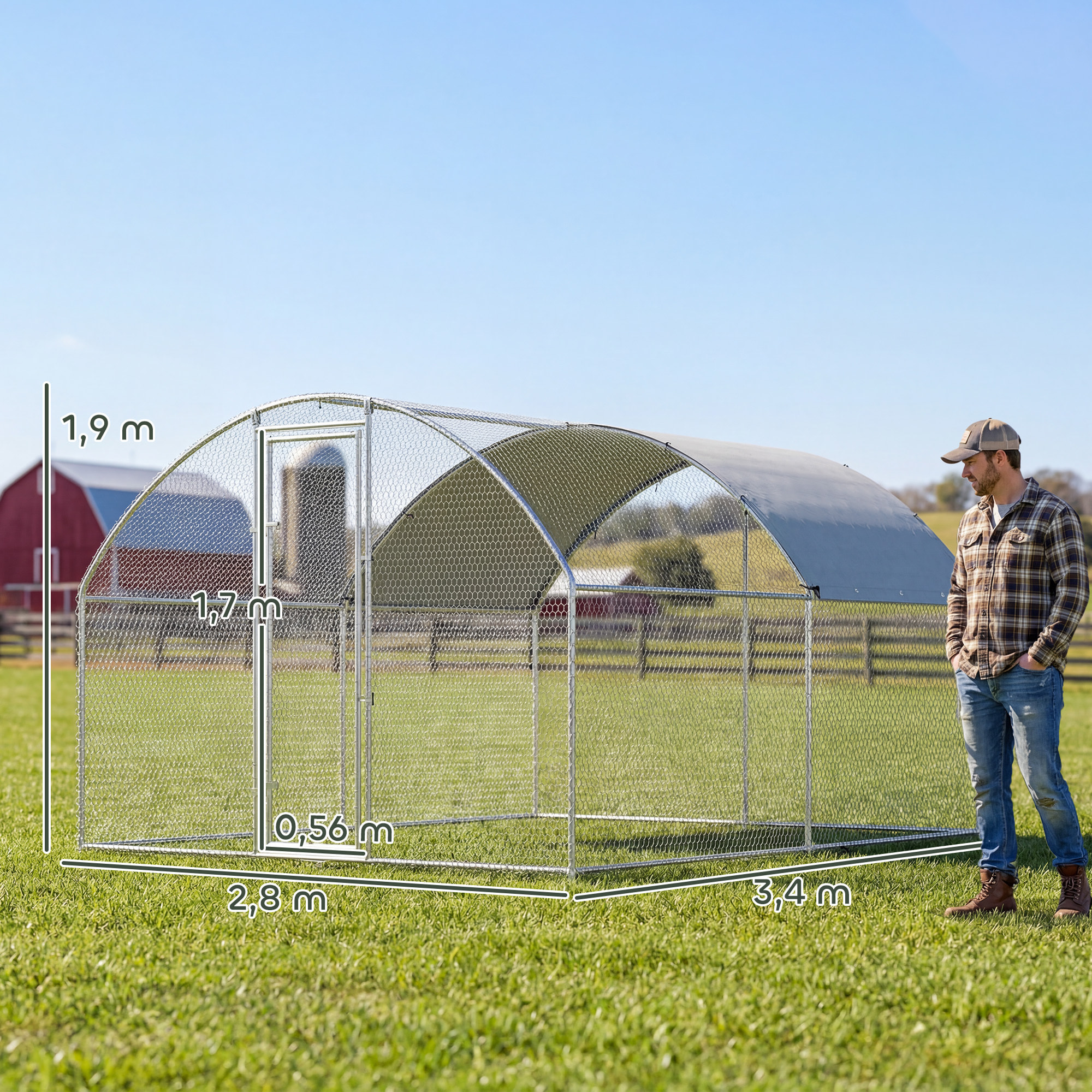 Gallinero para Exterior Grande 2,8x3,4x1,9 m, 9,5 m², Gallinero de Acero Galvanizado con Cubierta de Tela Oxford, Anti-UV e Impermeable, Puerta y Pestillos, Jaula para 10-16 Gallinas, Plata