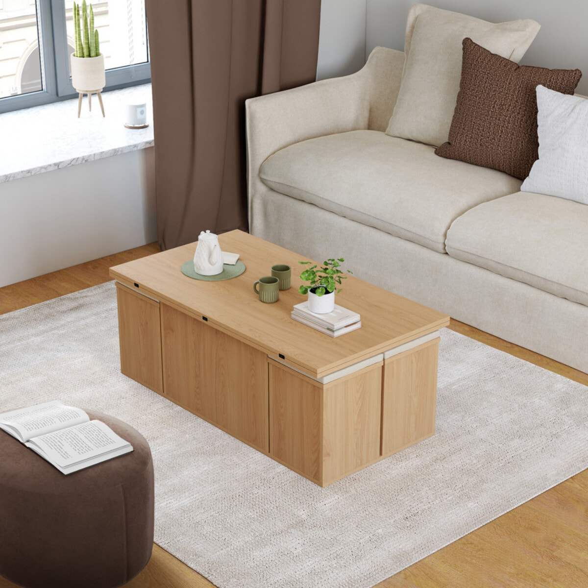 Table basse Tania 2 en 1 avec plateau dépliant et 4 assises