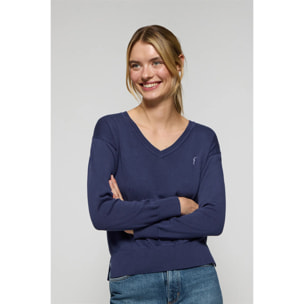 Maglione in filo blu oceano con scollo a v e logo ricamato Rigby Go