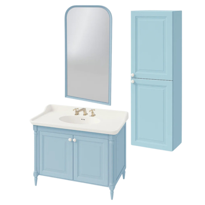 Pack meuble vasque 3 trous Cléo 1889 bleu velours + colonne droite + miroir + mélangeur croisillons or