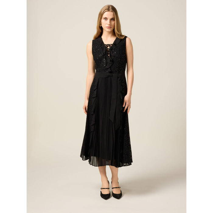 Oltre - Vestido midi con volantes y lentejuelas - Negro