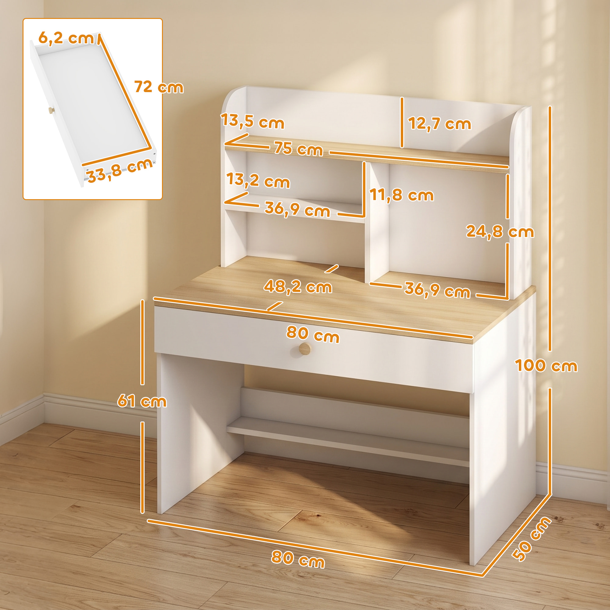 AIYAPLAY Escritorio Infantil, Mesa de Escritorio para Niños con Estante, 3 Compartimentos Abiertos y Cajón, para Estudio, Entrada, Dormitorio, para Niños de 3-8 Años, 80x50x100 cm, Blanco