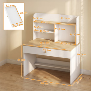 AIYAPLAY Escritorio Infantil, Mesa de Escritorio para Niños con Estante, 3 Compartimentos Abiertos y Cajón, para Estudio, Entrada, Dormitorio, para Niños de 3-8 Años, 80x50x100 cm, Blanco