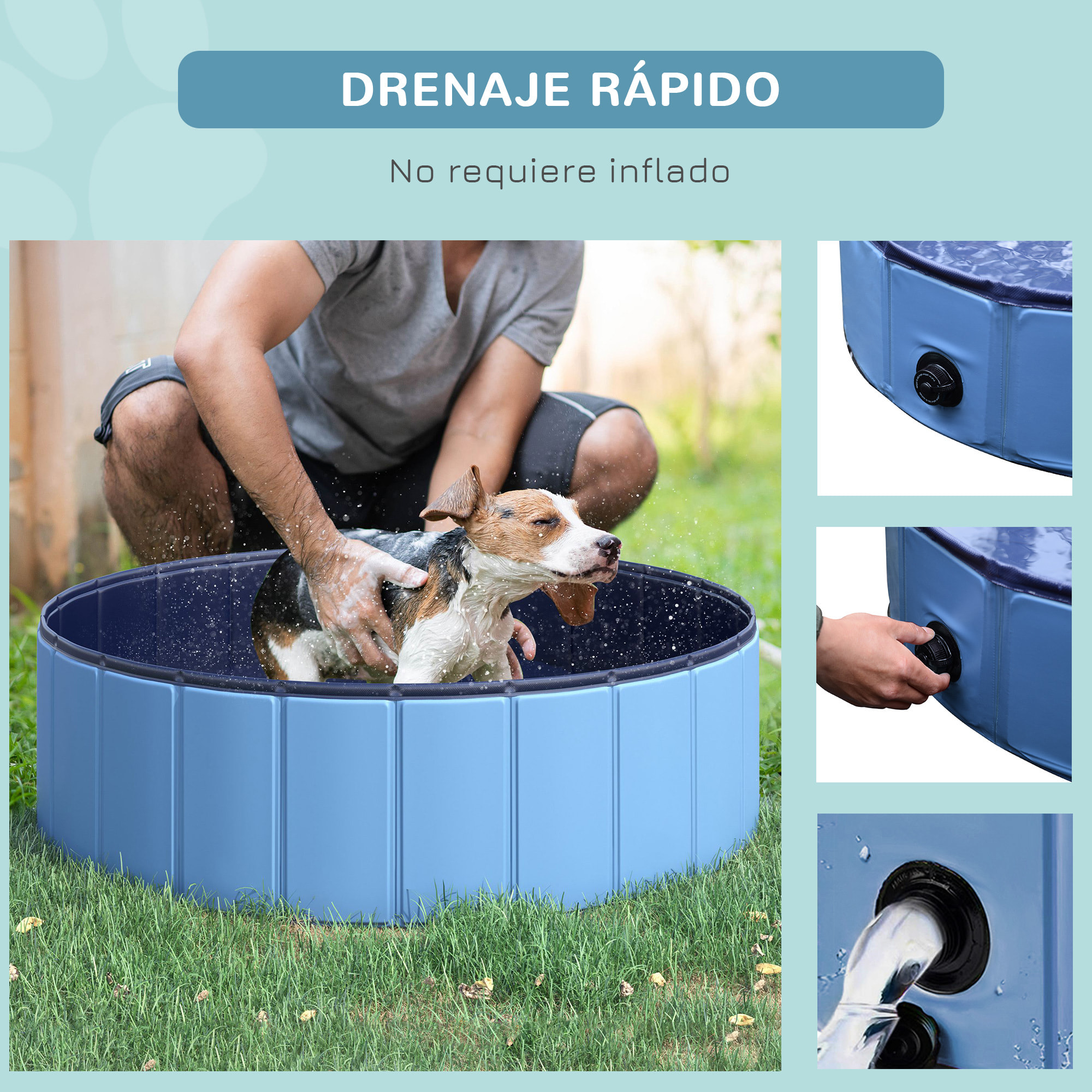 Bañera Plegable para Mascotas de PVC y Madera Φ100x30cm Azul