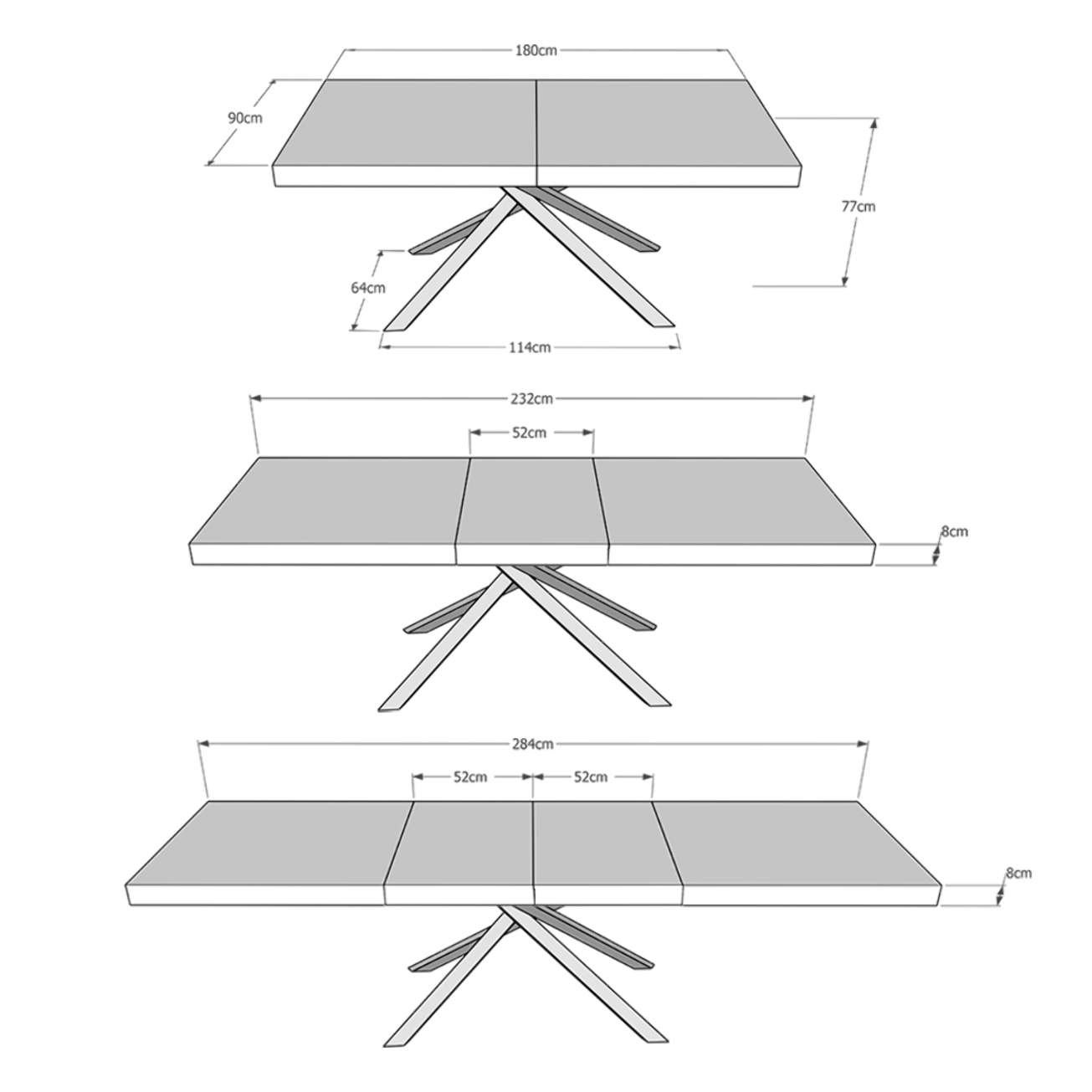 Mesa extensible 90x180/284 cm Karida Premium cemento patas antracita