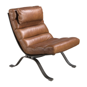 Sillón con asiento y respaldo tapizados en piel de origen vacuno marrón oscuro patas de acero inoxidable lacado efecto metalizado 66x96x90cm