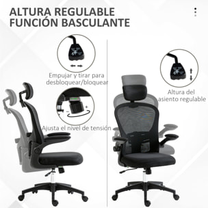 Silla de Malla Basculante Silla de Oficina Giratoria Silla de Escritorio con Respaldo Alto Reposacabezas Ajustable Soporte Lumbar 4D Brazo Abatible Altura Ajustable 62x64x112-120 cm Negro