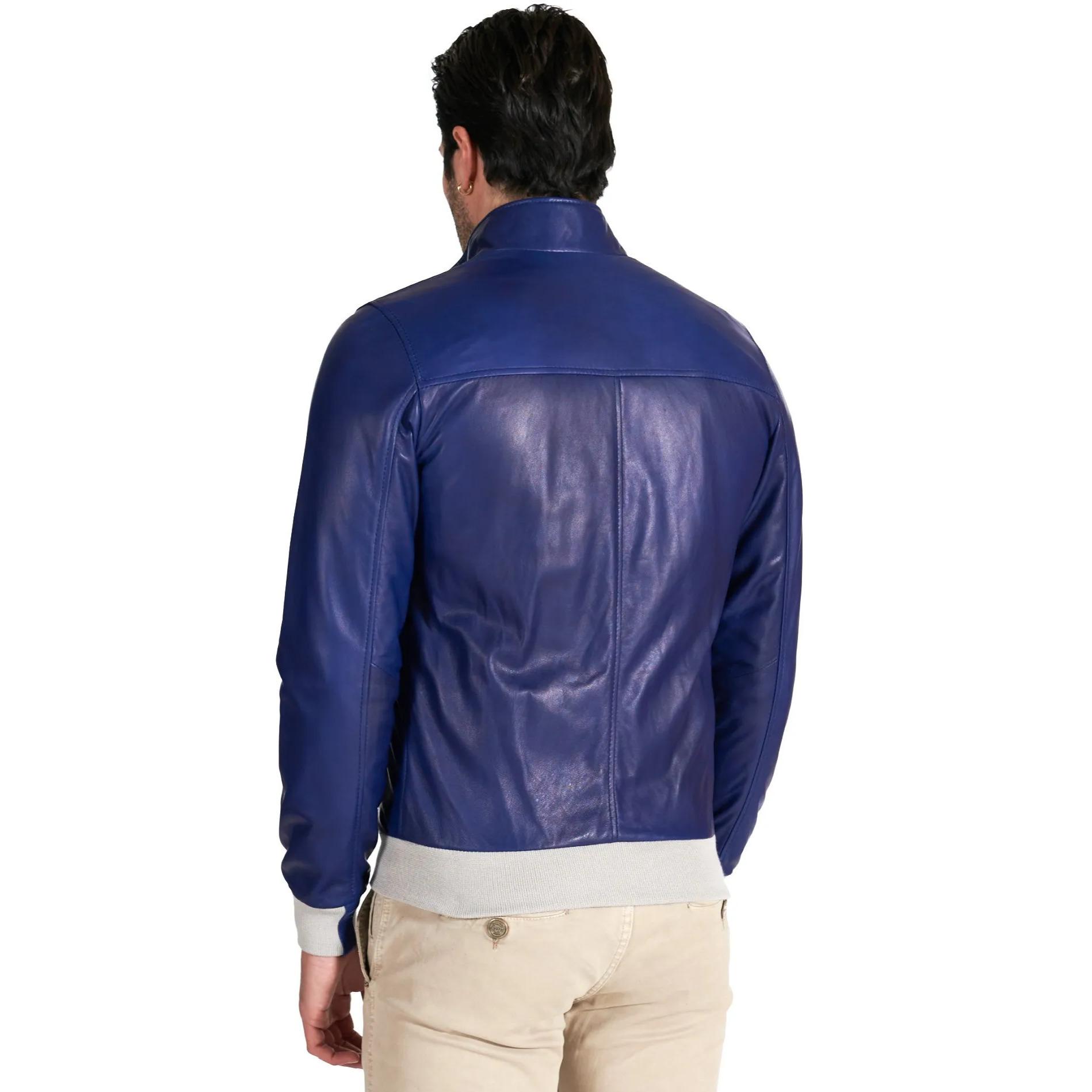 Giubbotto bomber in pelle naturale blu elettrico collo coreana