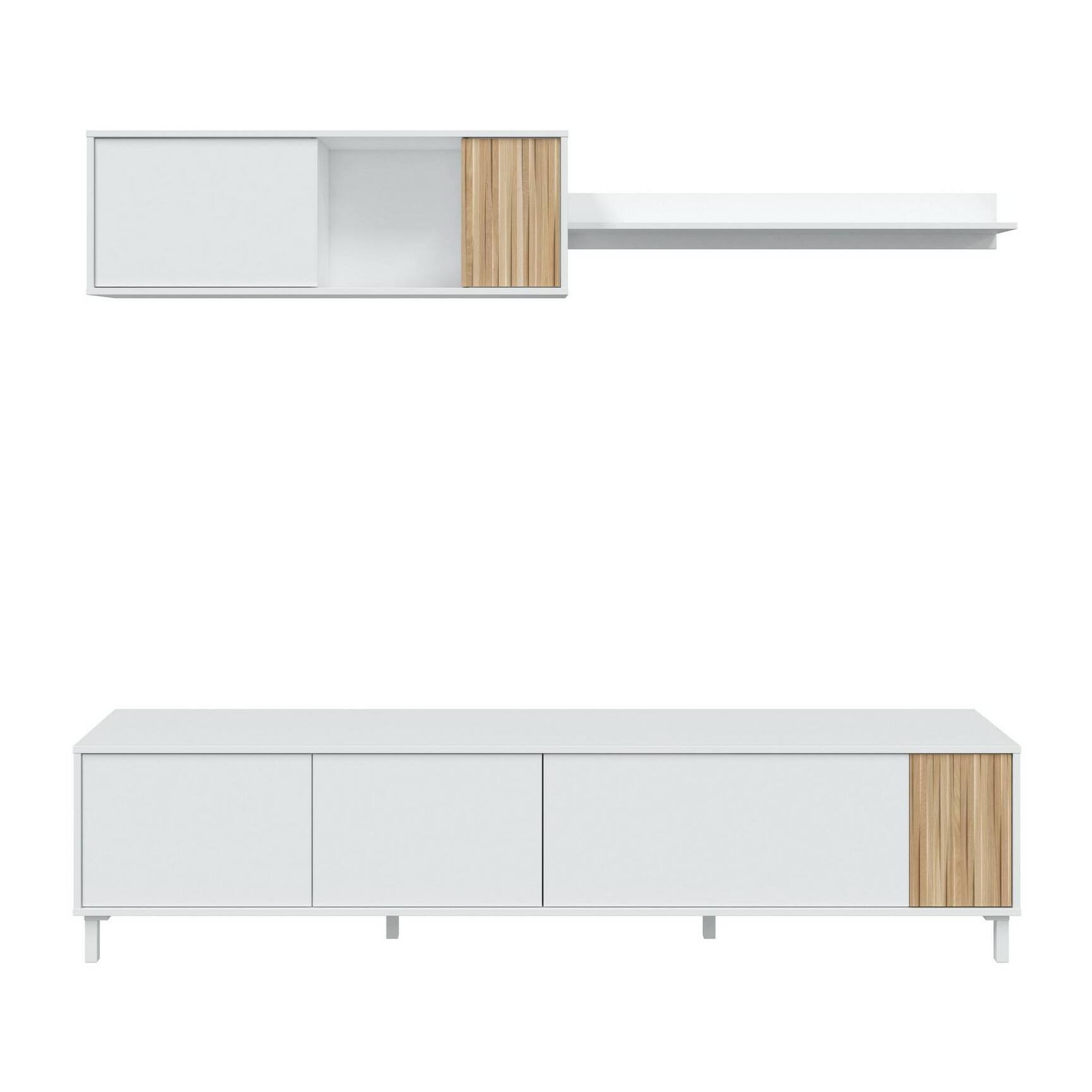 Parete attrezzata Banari, Armadietto soggiorno con ante, Armadio pensile con mensola, Credenza multiuso, 200x40h47 cm, Bianco e Rovere