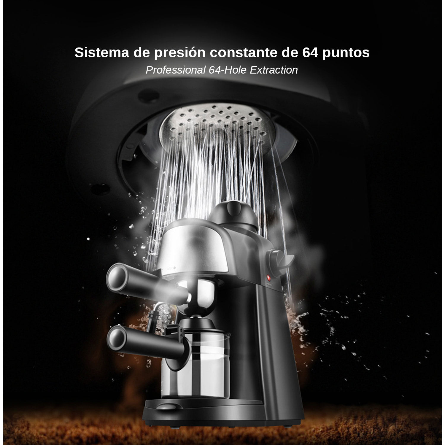 Cafetera espresso de 800 W y 5 bar de presión con capacidad de 240 ml. Incluye jarra de cristal con marcas de medida y varilla de vapor.