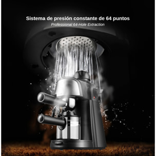 Cafetera espresso de 800 W y 5 bar de presión con capacidad de 240 ml. Incluye jarra de cristal con marcas de medida y varilla de vapor.