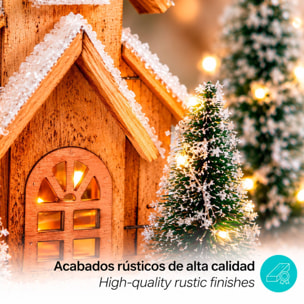 Casa navideña de madera con led blanco cálido y 4 árboles nevados, temporizador 6h 32x9x27 cm