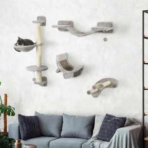 Mur d'escalade pour chat avec hamac passerelle planche à gratter et balles peluche sisal gris