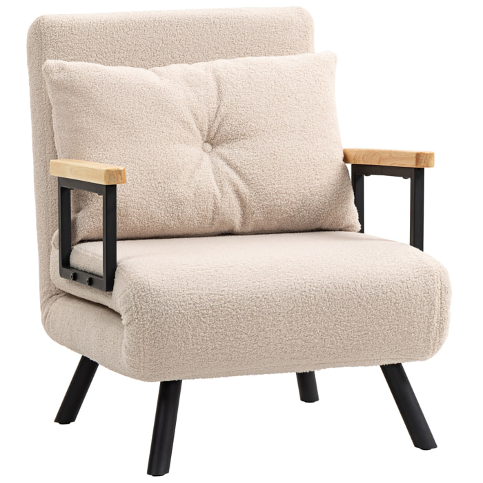 Sofá Cama de 1 Plaza Sofá Cama Plegable Tapizado en Borreguito con Respaldo Ajustable de 5 Niveles y Almohada Acolchada para Oficina Dormitorio Salón 63x73x81 cm Beige
