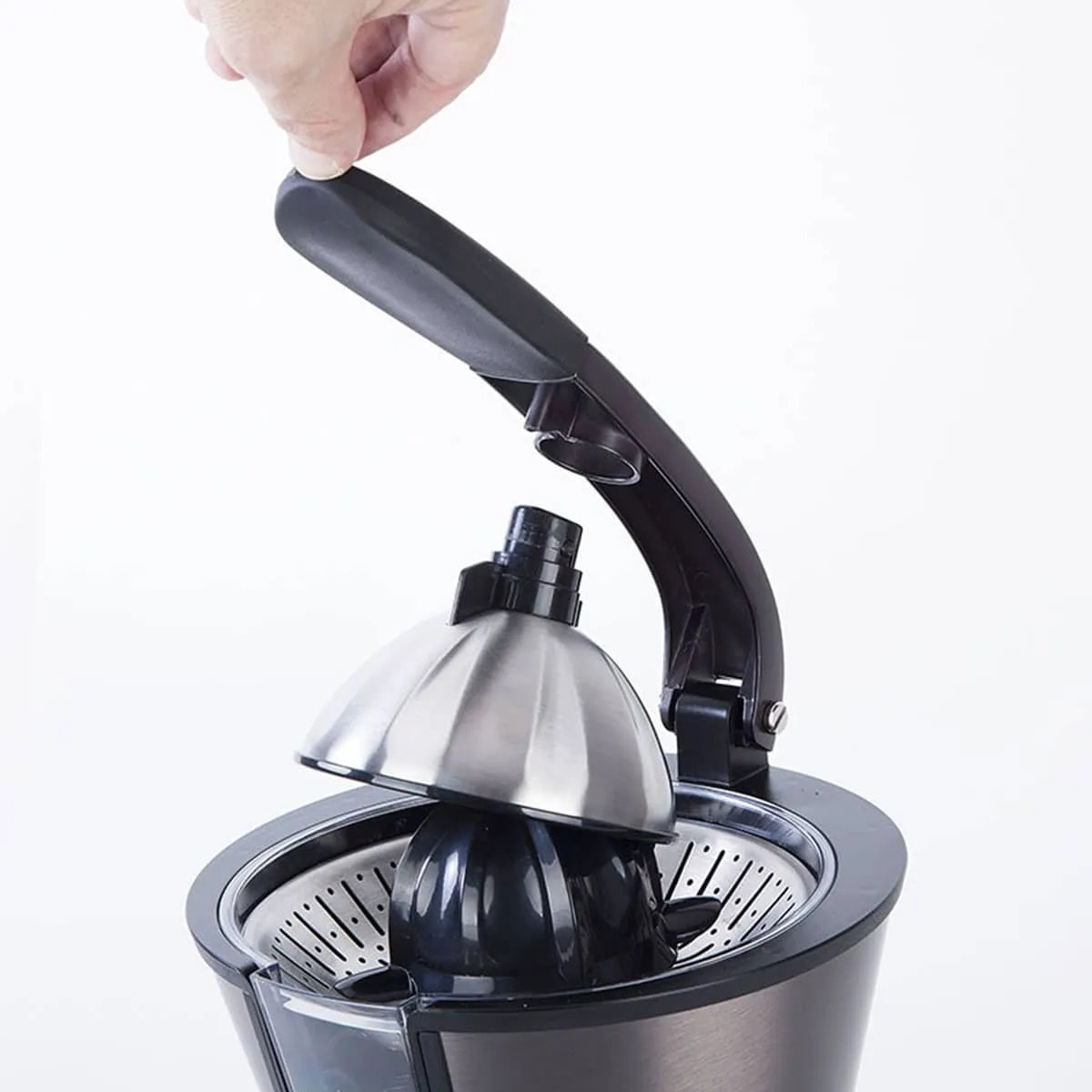 Exprimidor de naranjas eléctrico JATA EX1057 con brazo. Muy silencioso. De acero inoxidable