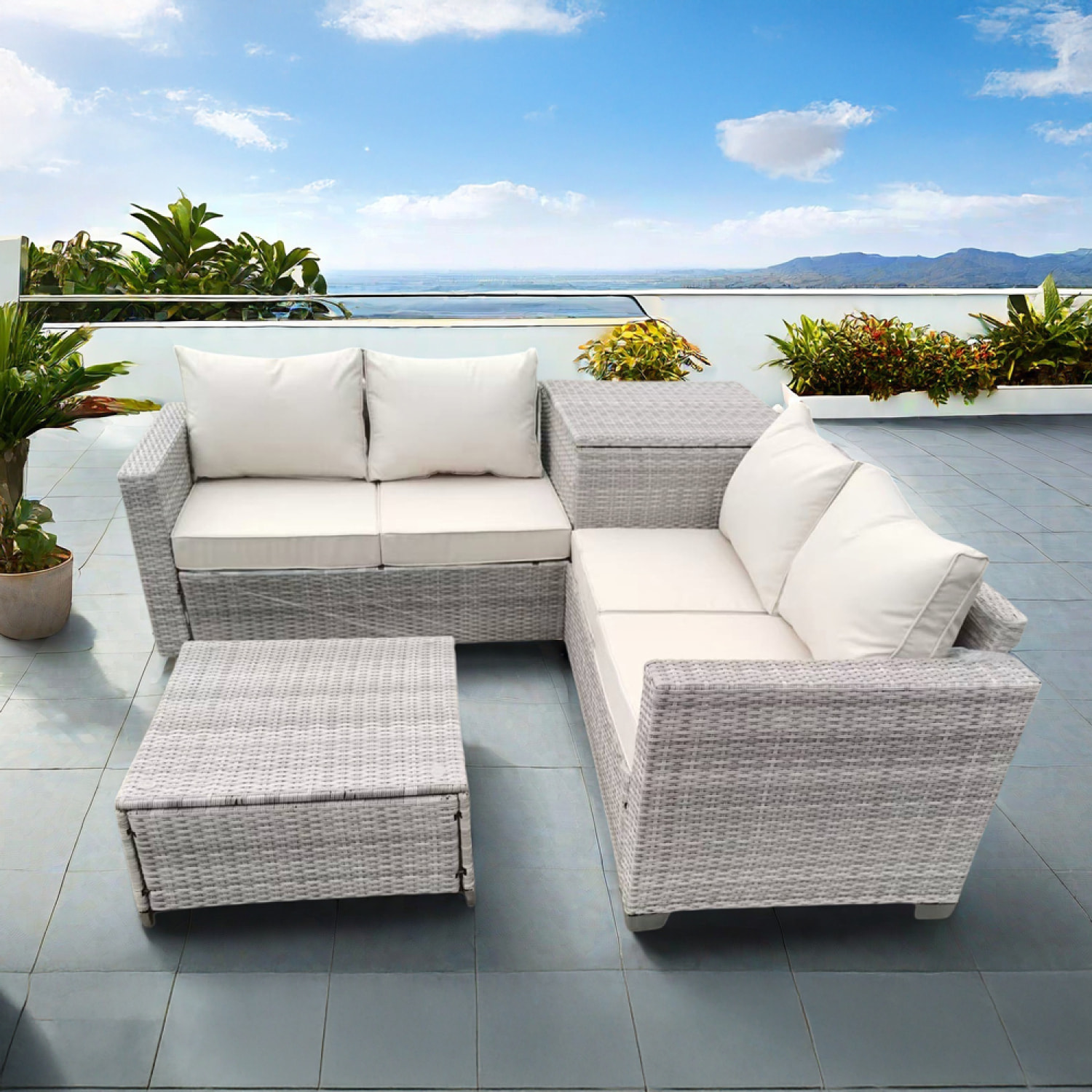 LIAM Salon de jardin d'angle 4 places en résine tressée avec coffre de rangement gris et beige