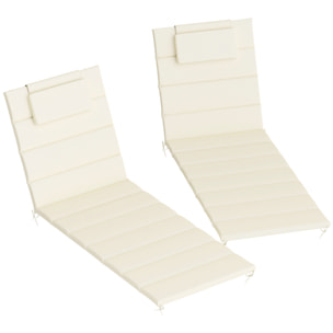 Pack 2 Cojines para Tumbonas Plegables Colchonetas para Tumbonas de Jardín Exterior 203x66x3 cm con Reposacabezas y Correas de Sujeción Crema