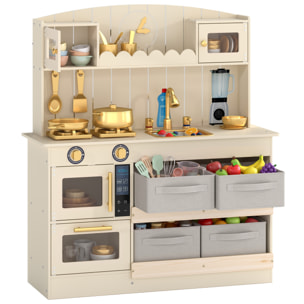 AIYAPLAY Cocina de Juguete de Madera con Luces y Sonidos, Cocinita Infantil con 4 Cestas de Tela, 12 Accesorios, 2 Fogones, Microondas, Fregadero, Grifo, 3-6 Años, Crema
