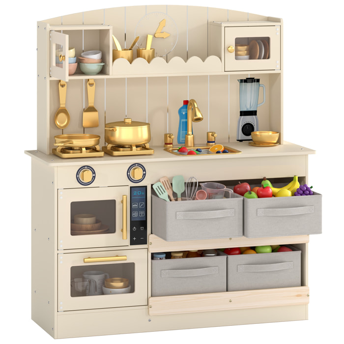 AIYAPLAY Cocina de Juguete de Madera con Luces y Sonidos, Cocinita Infantil con 4 Cestas de Tela, 12 Accesorios, 2 Fogones, Microondas, Fregadero, Grifo, 3-6 Años, Crema