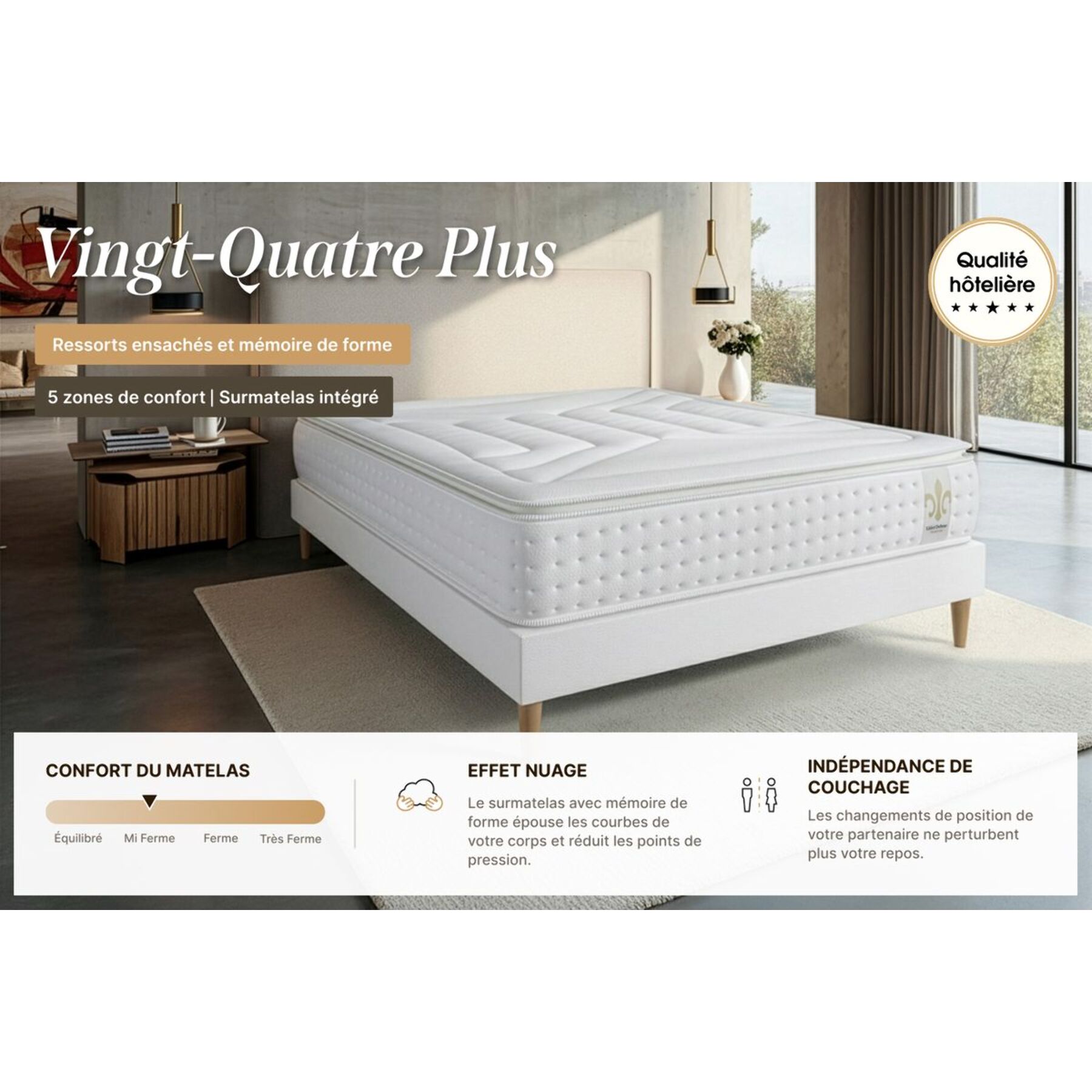Ensemble Matelas Vingt-Quatre PLUS - 24cm - Ressorts ensachés et mémoire de forme - Confort hôtelier - Sommier kit Blanc