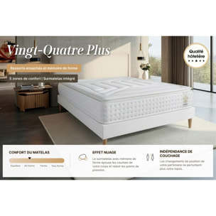 Ensemble Matelas Vingt-Quatre PLUS - 24cm - Ressorts ensachés et mémoire de forme - Confort hôtelier - Sommier kit Blanc