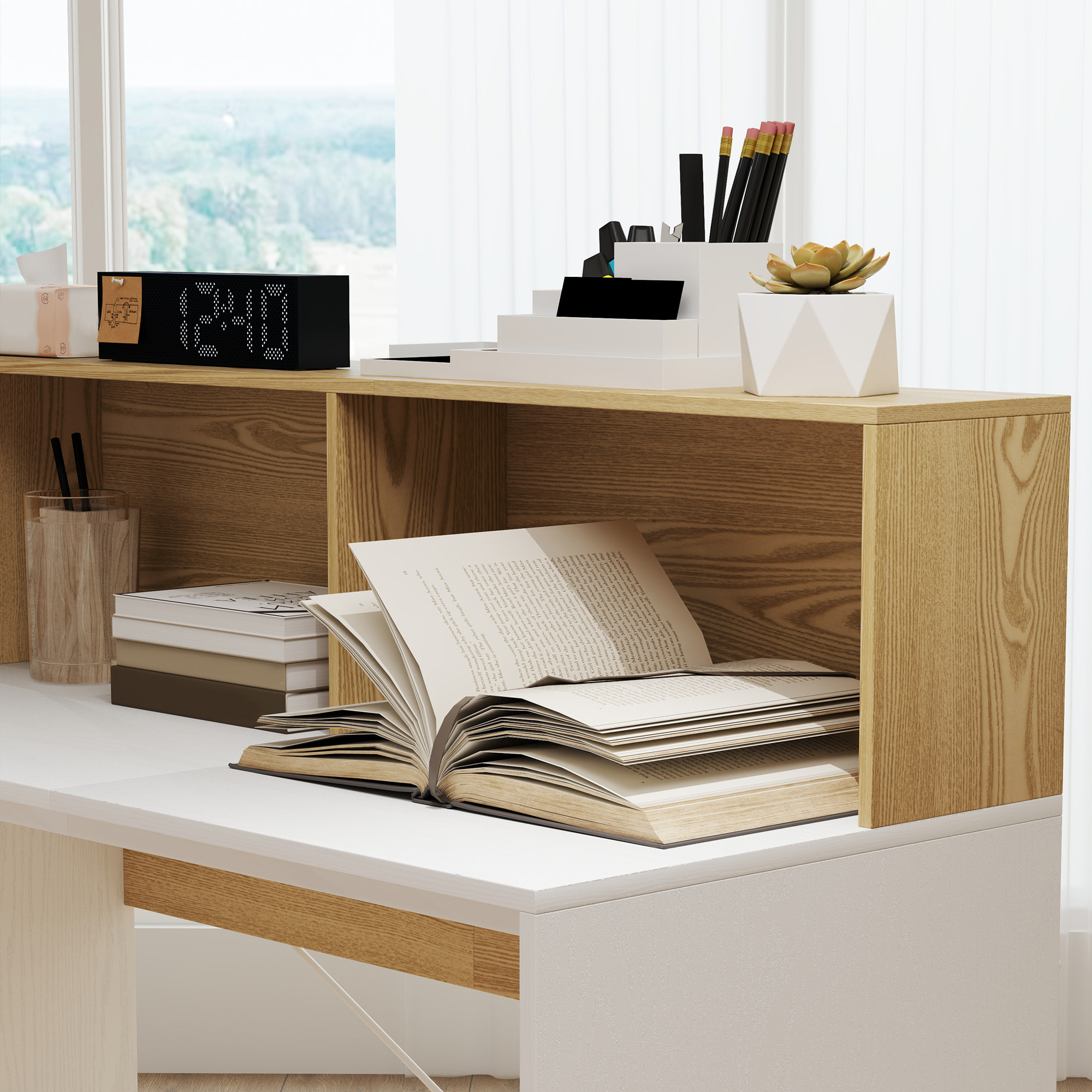 Bureau secrétaire style cosy - 2 niches, étagère - effet bois blanc et clair