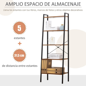 HOMCOM Estantería de Estilo Industrial en Forma de Escalera con 5 Baldas con Marco de Metal para Sala de Estar Dormitorio Cocina Oficina 56x34x160 cm Marrón Rústico